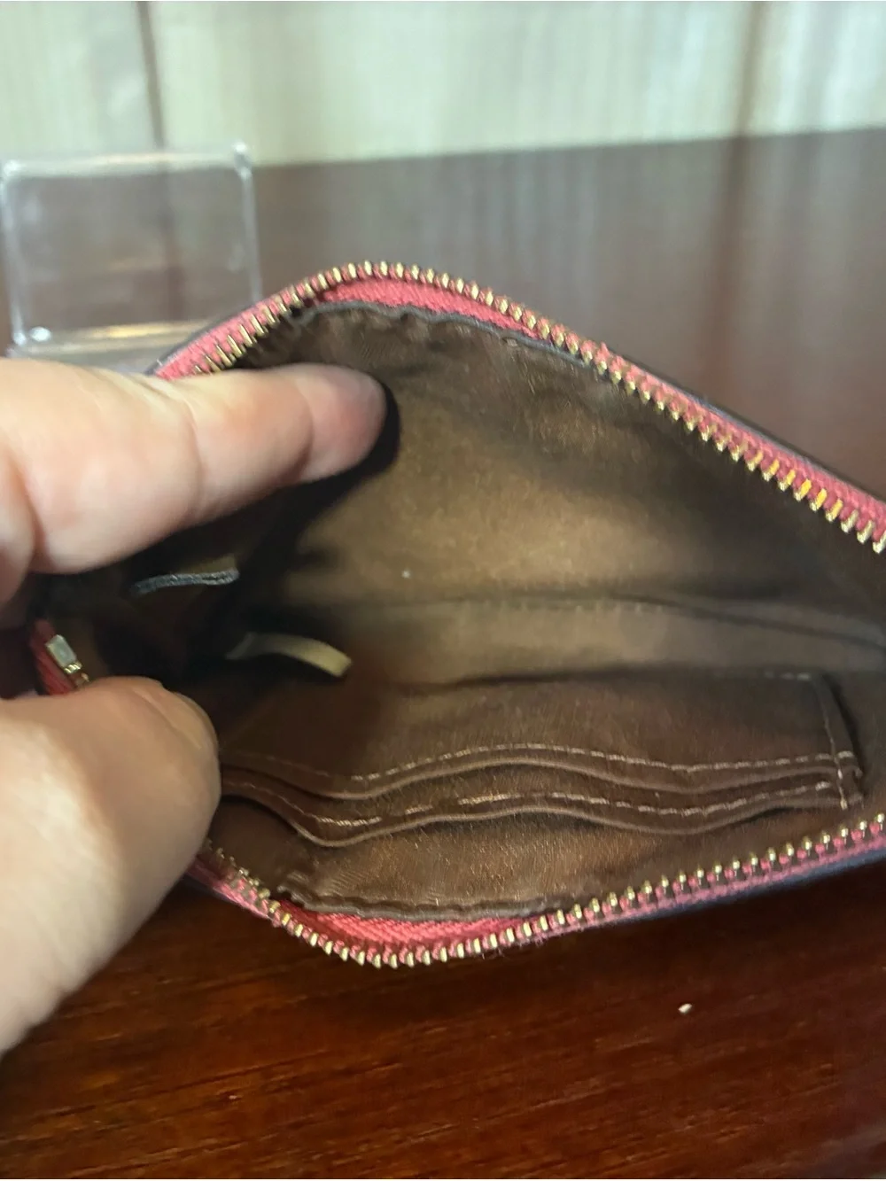 Coach Brown Signature Canvas Wristlet with Pink Heart Patch